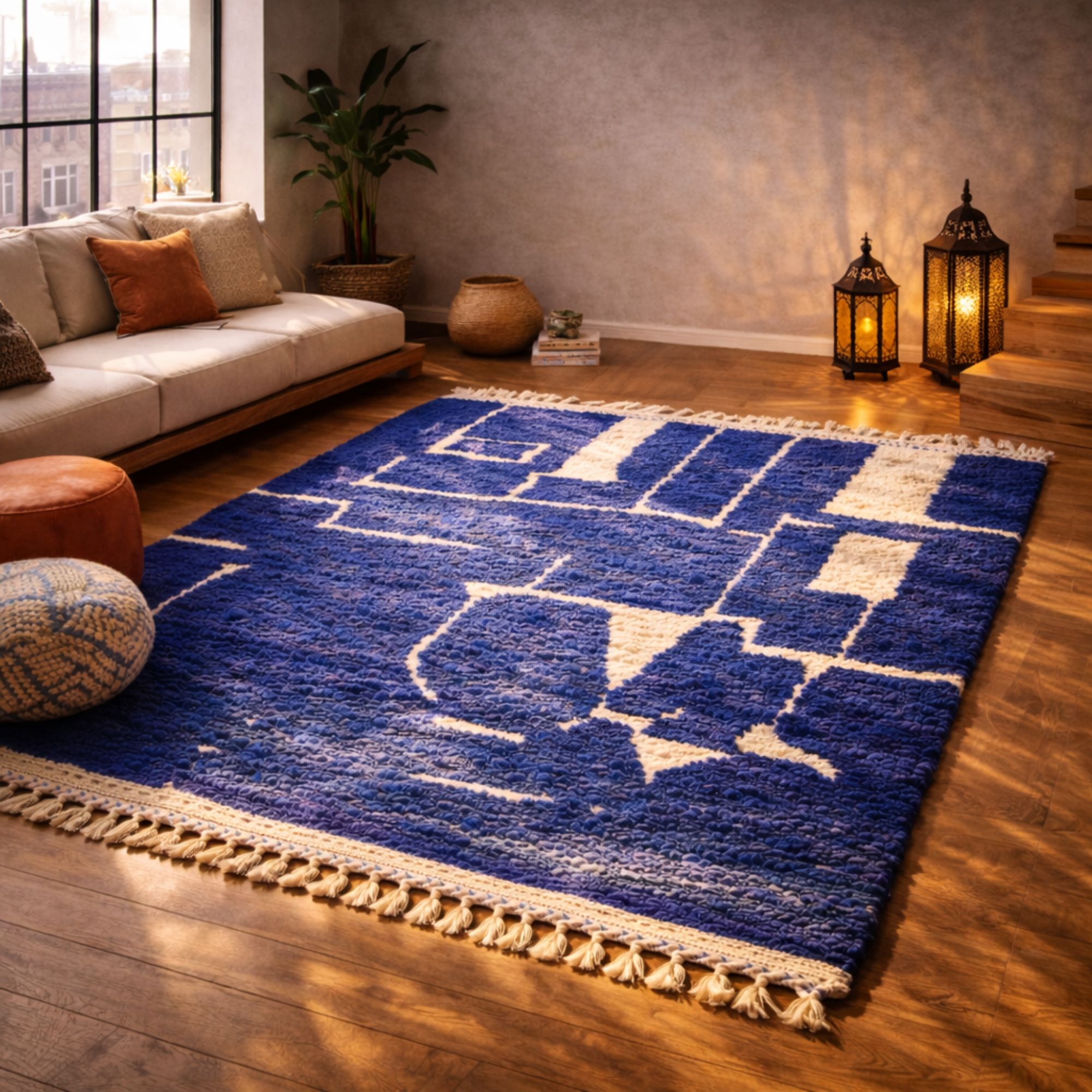毛布イタリア⚓️ZAMBAITICOPERTIFICIO ITALYロイヤルブルー Beni Ourain Moroccan — Blue Moroccan Rug — Cobalt Berber Rug